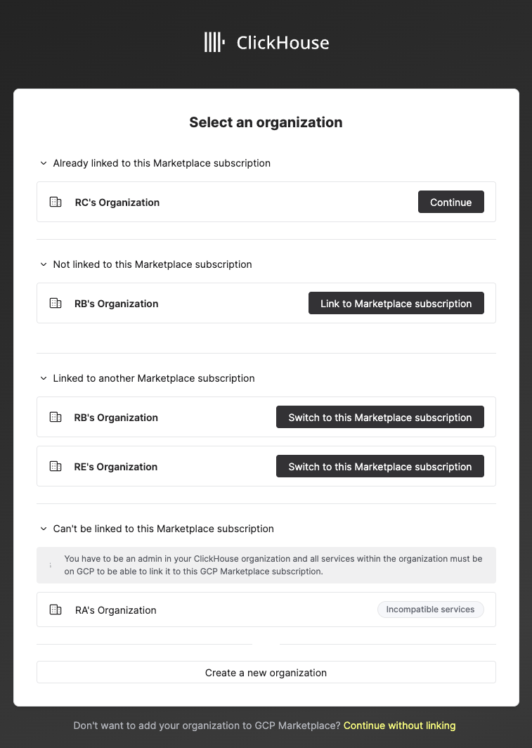 Форма с информацией для регистрации в ClickHouse Cloud