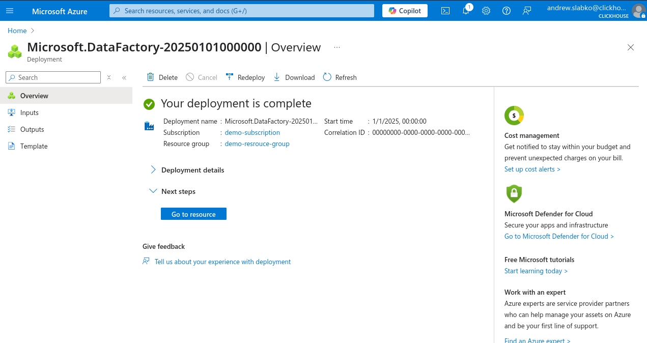 Azure Portal New Data Factory Success
