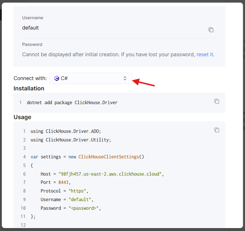 Параметры подключения ClickHouse Cloud д�ля C#