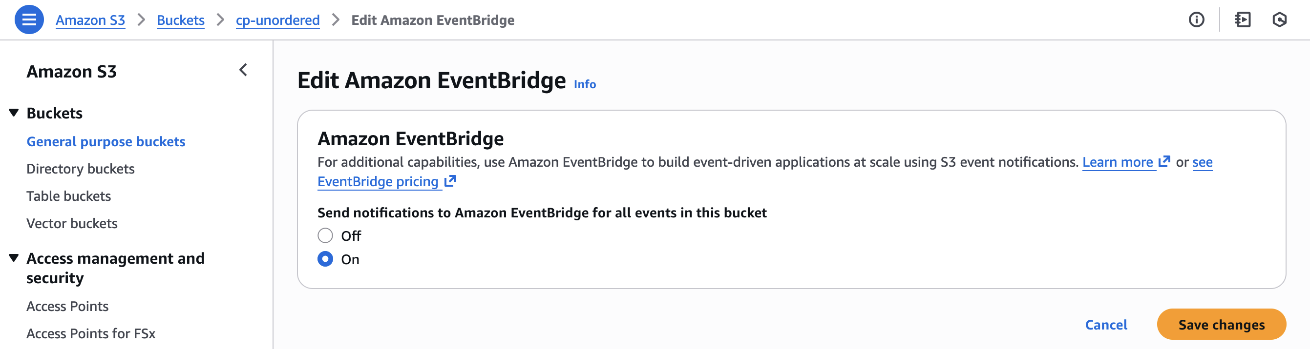 Включение уведомлений Amazon EventBridge в свойствах S3 бакета