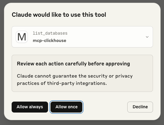 Дать разрешение на использование инструмента list_databases