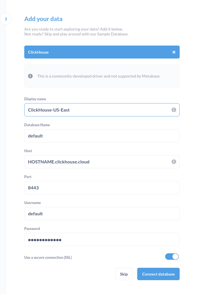 Форма параметров подключения Metabase к базе данных ClickHouse