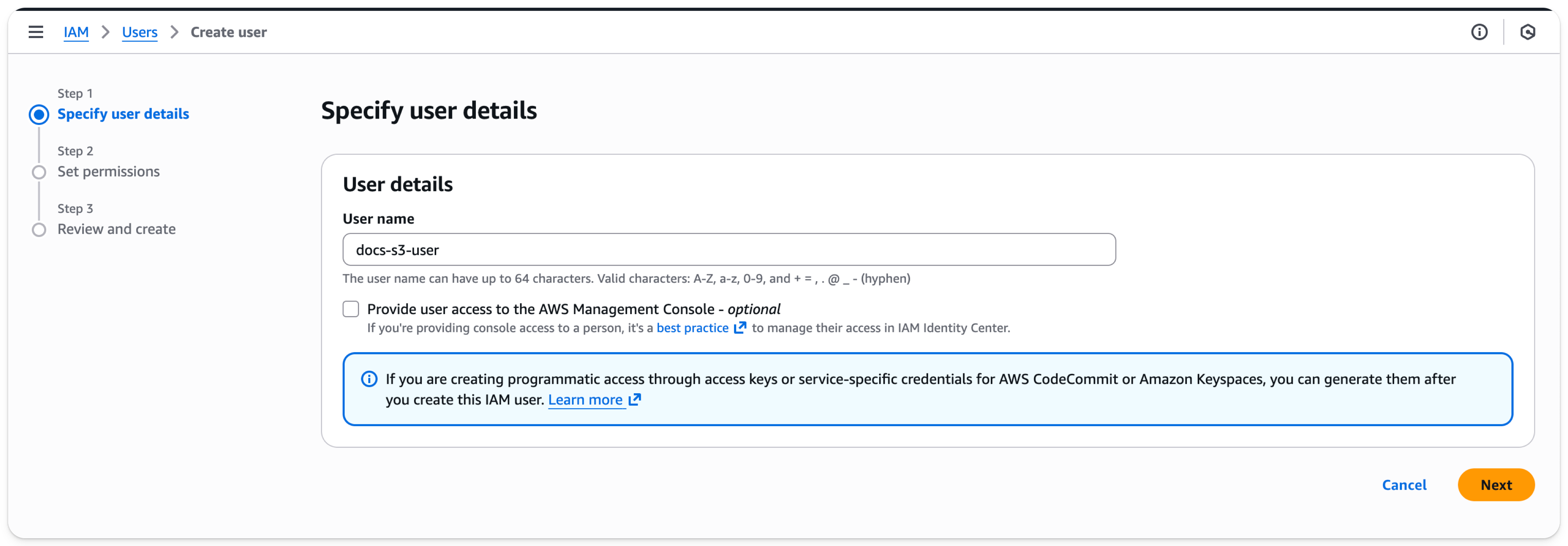 AWS IAM Management Console - Добавление нового пользователя