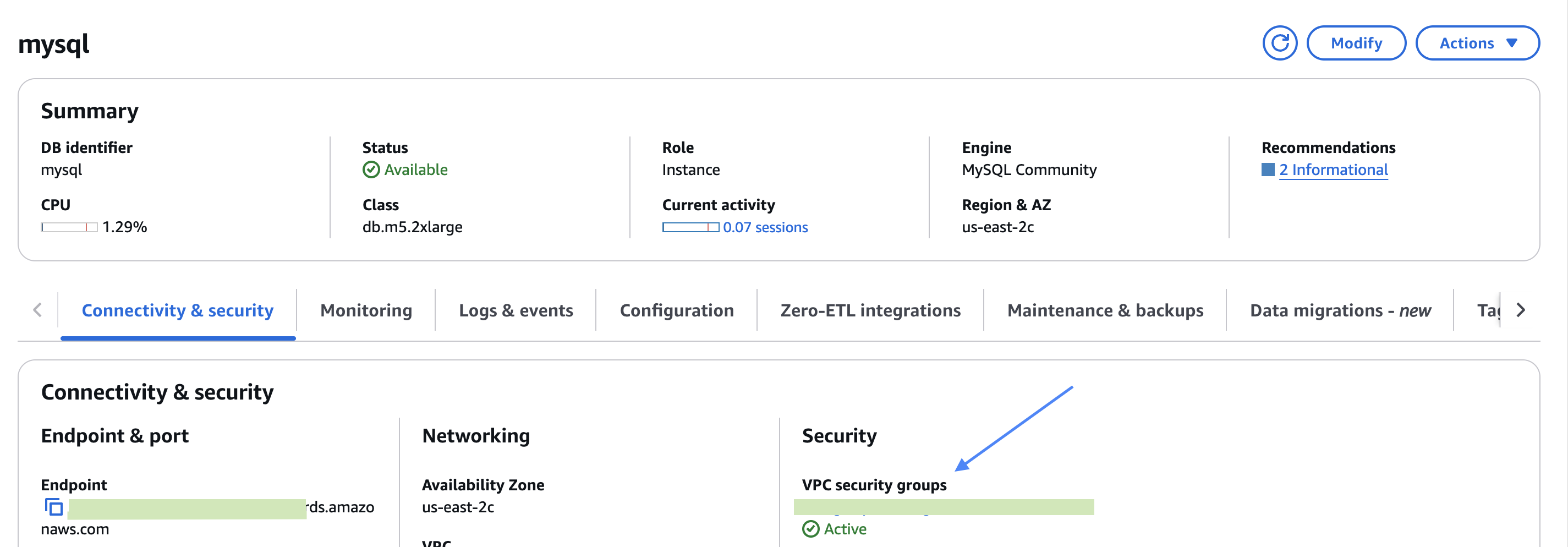 Где найти группу безопасности в Aurora MySQL